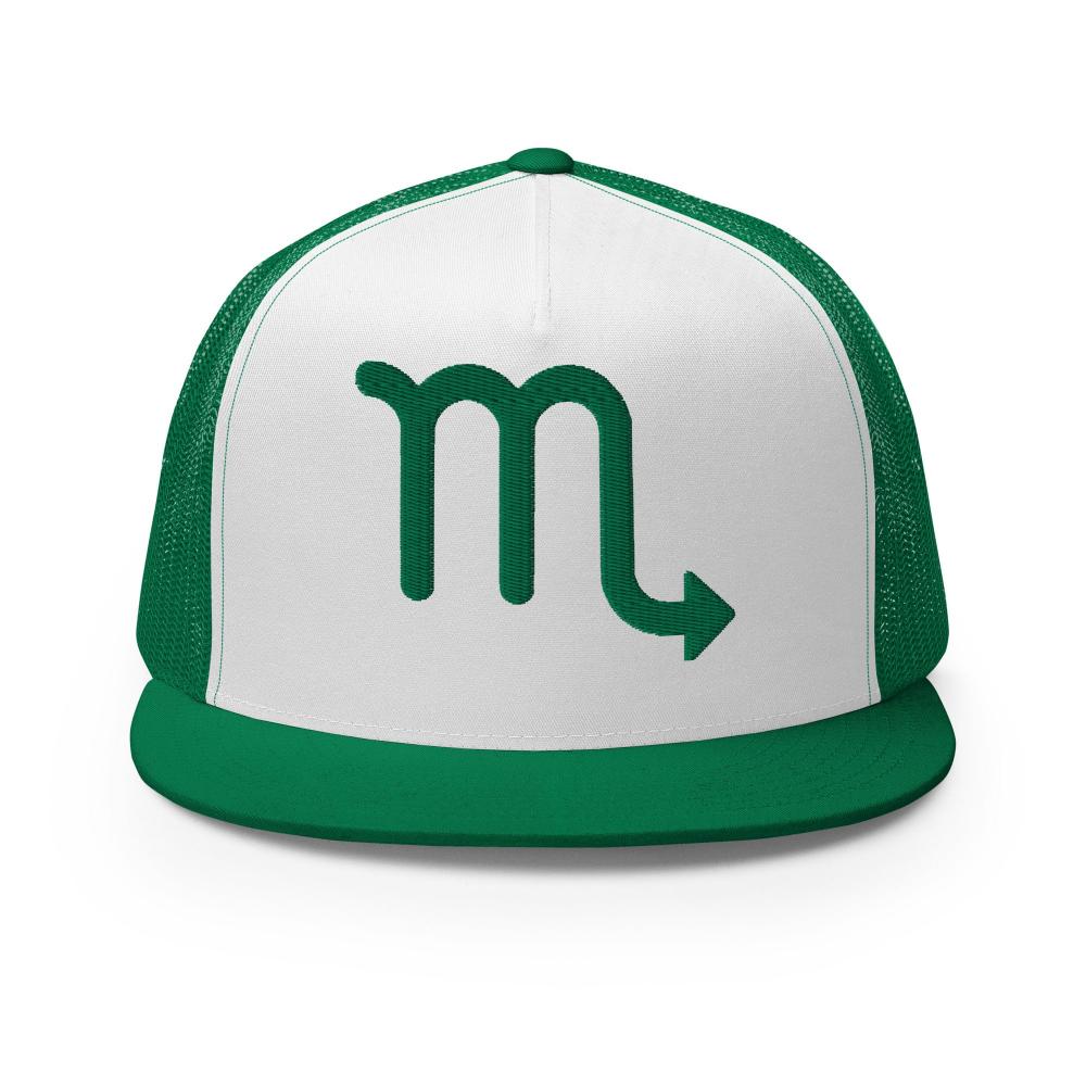 Scorpio Zodiac Embroidered Flat Bill Trucker Hat - Green/White/Green Color - https://ascensionemporium.net
